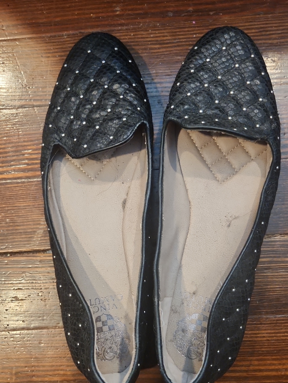 Vince Camuto Black Leather Quilted Slip-On Flats with Studs